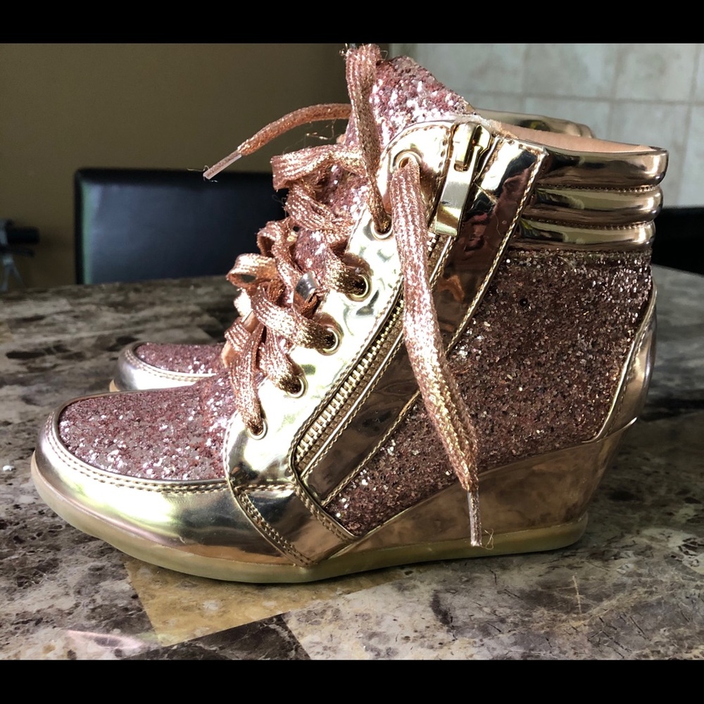 Rose Gold Glitter High Top Wedge Sneaker Shoes sz6